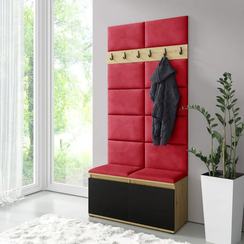 Vestiaire 01, 1 mètre de large avec banc rembourré / Artisan/Noir/Rouge / Armoire à chaussures avec 2 portes basculantes / pour 8 paires de chaussures / 6 patères / 4 compartiments