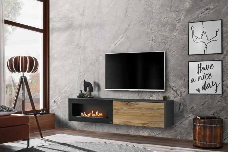 Meuble tv mural design avec cheminée artificielle intégrée en