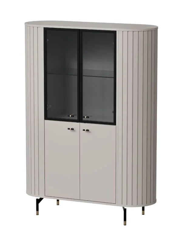 Vitrine Annelin 01 en cachemire, 155 x 112 x 40 cm, éclairage LED possible en option sur la tablette en verre, 4 portes, système Soft-Close, 4 compartiments