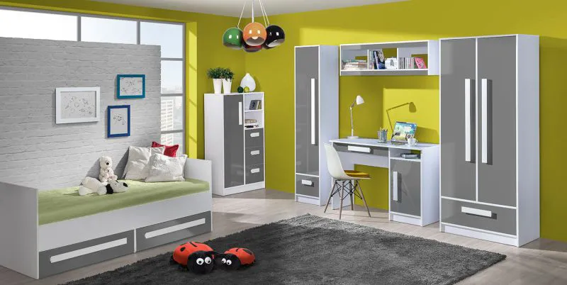 Chambre d'enfant complète B Walter, 6 pièces, Couleur : Gris brillant / Blanc