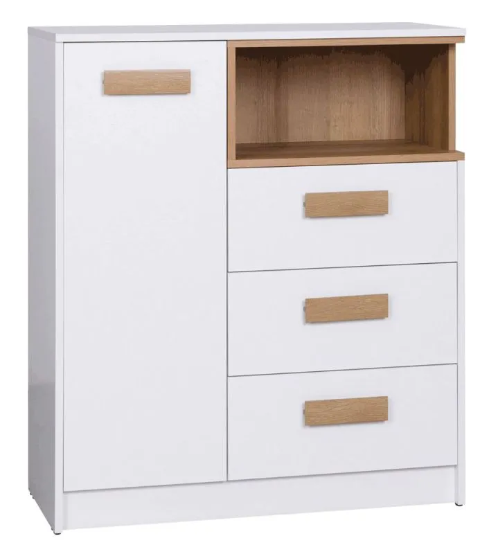 Commode Fafe 04, Couleur : Chêne Riviera / Blanc - Dimensions : 100 x 88 x 40 cm (H x L x P), avec une porte, 3 tiroirs et des compartiments