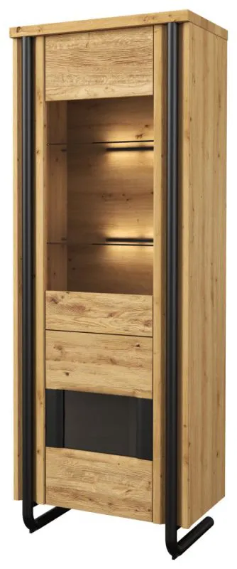 Vitrine Ogulin 02, Couleur : Chêne / Noir, massif partiel - Dimensions : 199 x 74 x 45 cm (H x L x P)