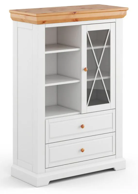 Vitrine Bresle 03, Pin massif, Couleur : Blanc / Naturel - Dimensions : 140 x 95 x 41 cm (H x L x P)