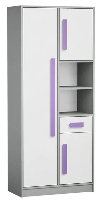 Chambre des jeunes - armoire Olaf 03, couleur : anthracite / blanc / violet, partiellement massif - 191 x 80 x 40 cm (H x L x P)